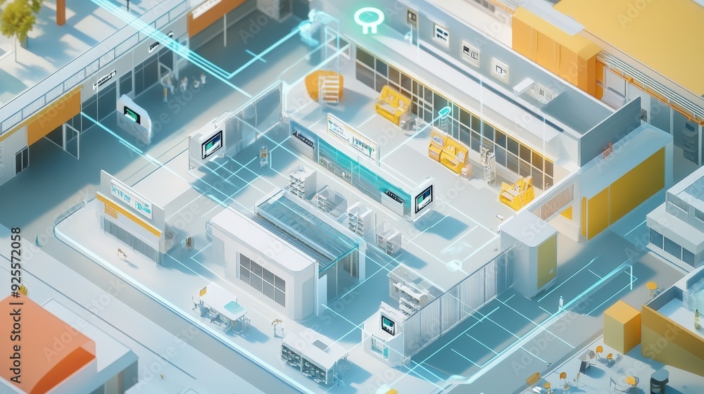 A 3D rendering of an IoT-enabled smart school with devices connected to a central hub. A 3D rendering of an IoT-enabled smart school with devices connected to a central hub.
