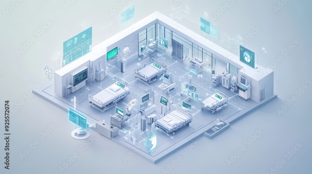 A 3D rendering of an IoT-enabled smart hospital with devices connected to a central hub. A 3D rendering of an IoT-enabled smart hospital with devices connected to a central hub.