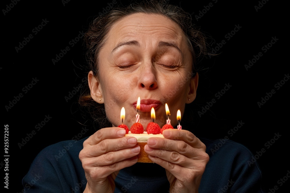A Woman Blowing Out Candles On Her Birthday Cake, Celebrating Her Special Day A Woman Blowing Out Candles On Her Birthday Cake, Celebrating Her Special Day