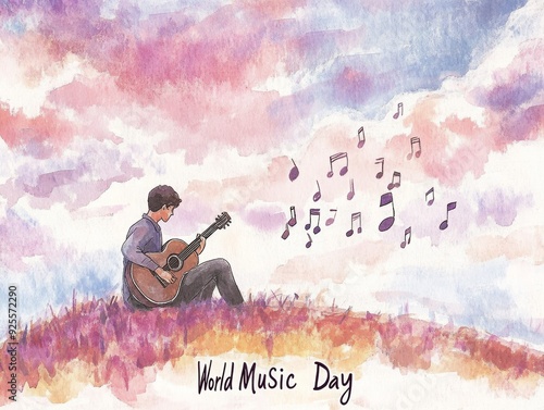 A young musician playing guitar outdoors on World Music Day surrounded by colorful clouds and musical notes in the sky. Generative AI
