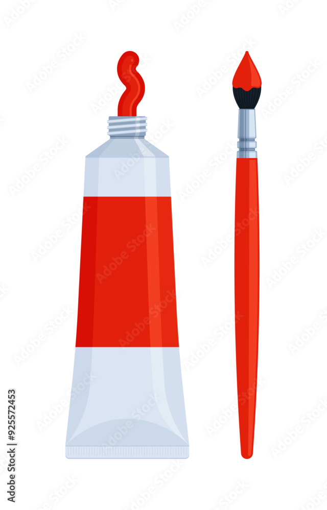 Red paint tube with paintbrush icon. Flat vector illustration isolated on white background. Art supplies and painting concept. Perfect for educational materials and creative projects Red paint tube with paintbrush icon. Flat vector illustration isolated on white background. Art supplies and painting concept. Perfect for educational materials and creative projects