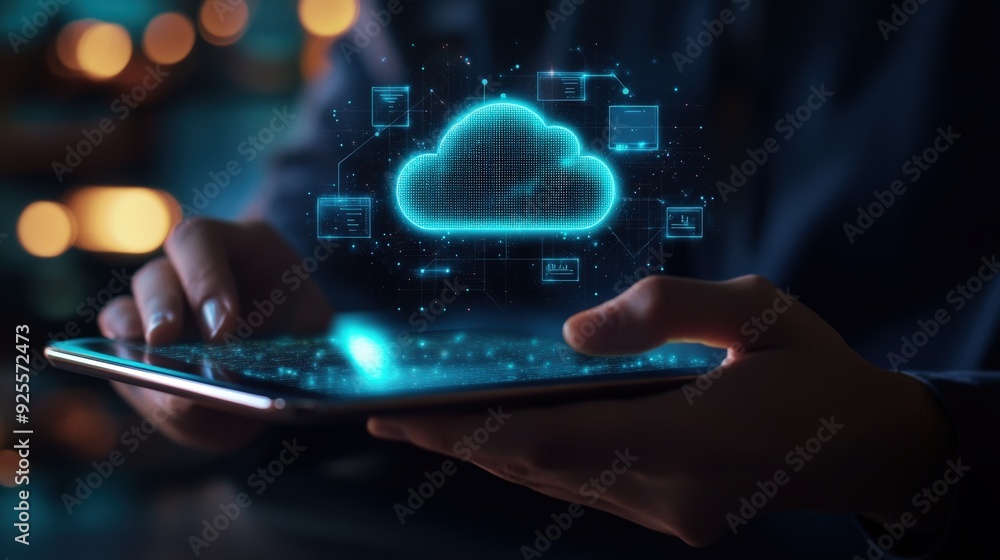 A business professional analyzing cloud technology data on a tablet, with a glowing cloud icon in the background. A business professional analyzing cloud technology data on a tablet, with a glowing cloud icon in the background.