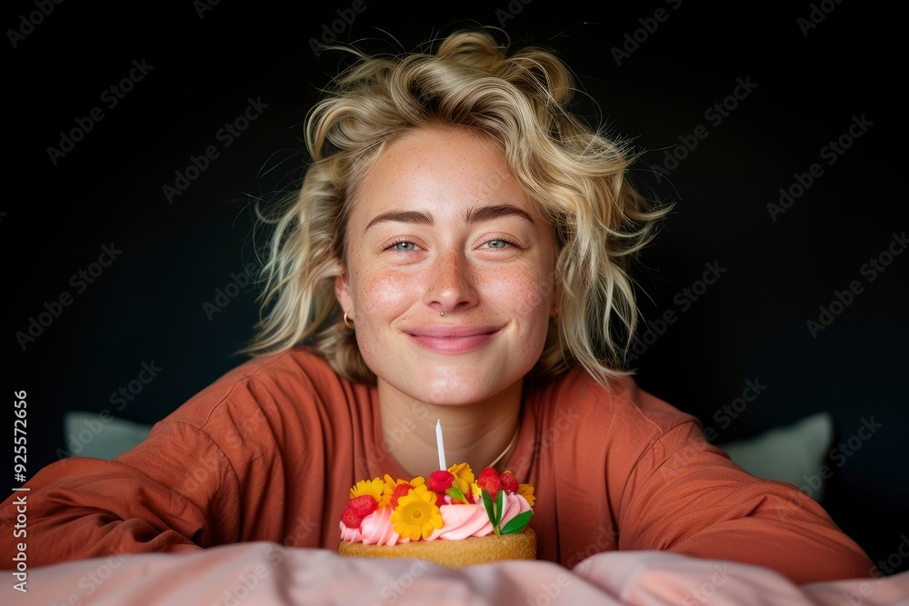A Young Blonde Woman Celebrating Her Birthday In Bed With A Cake And A Smile A Young Blonde Woman Celebrating Her Birthday In Bed With A Cake And A Smile