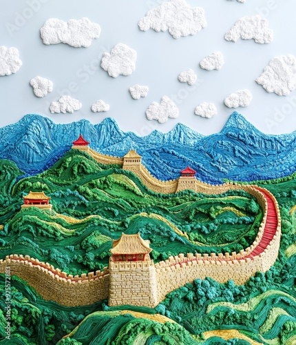 Colorful relief illustration of the Great Wall of China winding through green mountains under a cloudy sky. Generative AI