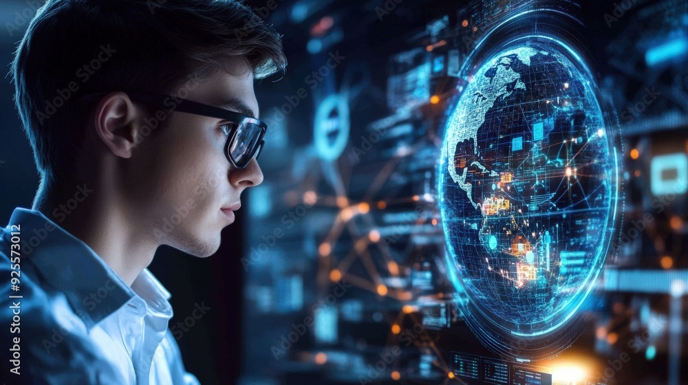 Naklejka premium A business professional using a holographic interface to manage global network technology, with a digital globe in the background.
