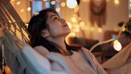 Serene young Asian woman sitting in a hammock chair in her cozy living room, with fairy lights twinkling in the background.