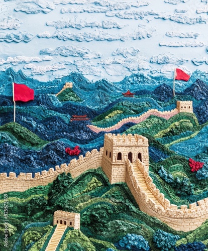 An intricate illustration of the Great Wall winding through lush mountains and valleys under a vibrant blue sky with clouds. Generative AI