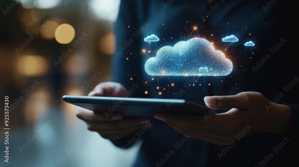 A business professional using a tablet connected to a cloud server, with glowing icons representing cloud storage and data access. A business professional using a tablet connected to a cloud server, with glowing icons representing cloud storage and data access.