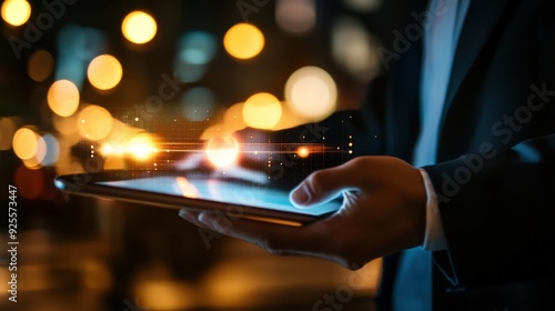 A business professional using a tablet to access network services, with a glowing icon in the background.