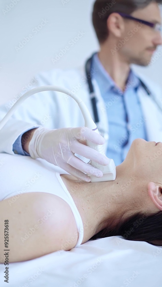 Doctor man wearing white protective gloves is using ultrasound machine to examine neck of female patient in hospital. Medicine, thyroid gland health Doctor man wearing white protective gloves is using ultrasound machine to examine neck of female patient in hospital. Medicine, thyroid gland health