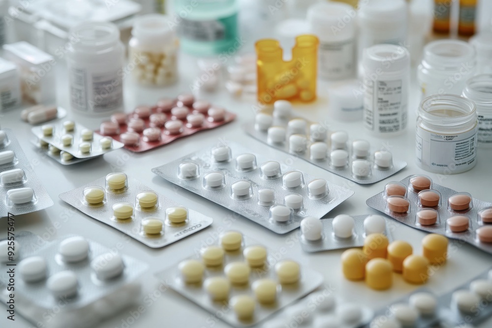 A photograph of various medications on a clean white surface, with blister packs, bottles, and tablets arranged neatly A photograph of various medications on a clean white surface, with blister packs, bottles, and tablets arranged neatly