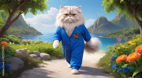 big white animated cat exploring tropical island coastline photo