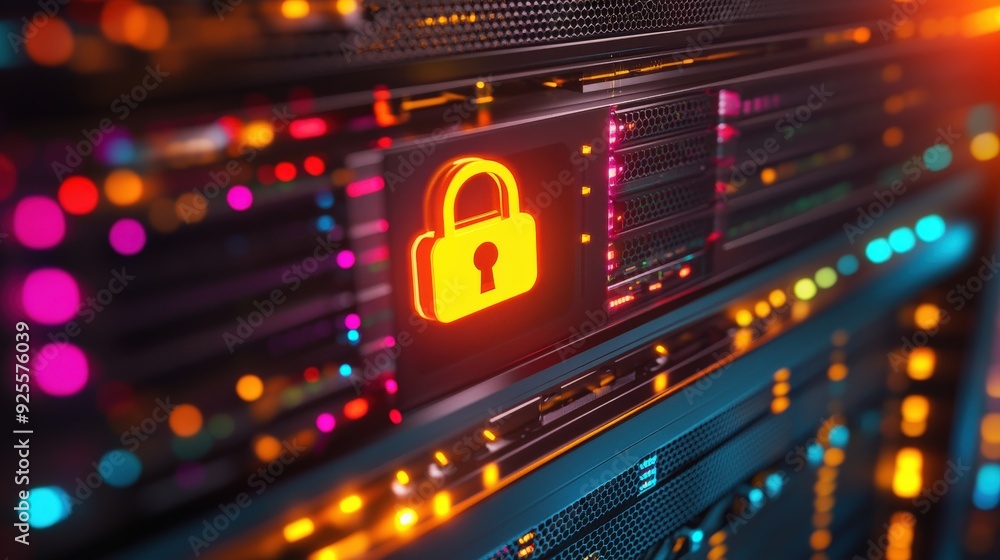 A close-up of a server rack with a glowing padlock icon, symbolizing the security measures in cloud data centers. A close-up of a server rack with a glowing padlock icon, symbolizing the security measures in cloud data centers.