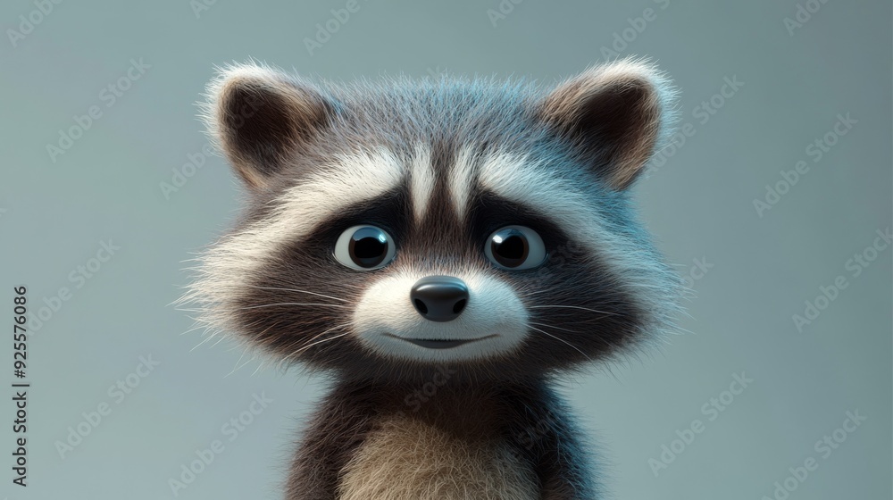 A depressed cartoon raccoon with a big smile on his face looks at the camera A depressed cartoon raccoon with a big smile on his face looks at the camera