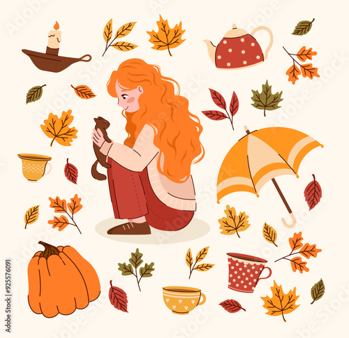 Set of autumn elements. A girl with a squirrel in her hands, an umbrella, a candle, a pumpkin, cups, a teapot. Flat vector illustration.