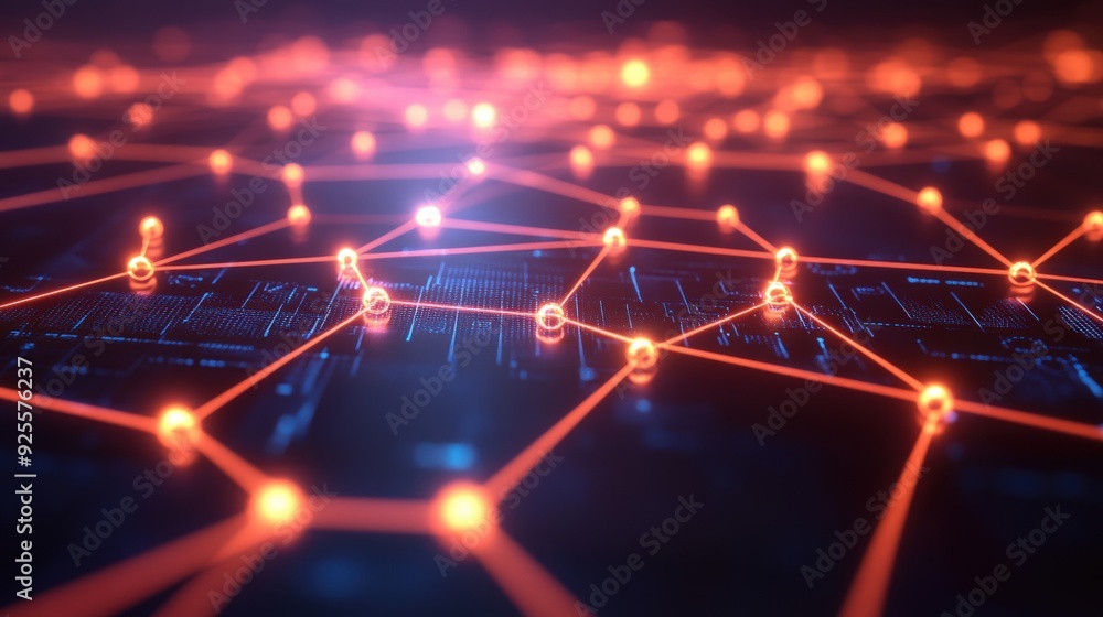 Fototapeta premium A digital network diagram with interconnected nodes and glowing lines, symbolizing the complexity and efficiency of network technology.