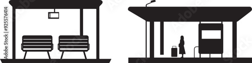 Silhouette of bus station, vector of waiting area silhouette icon