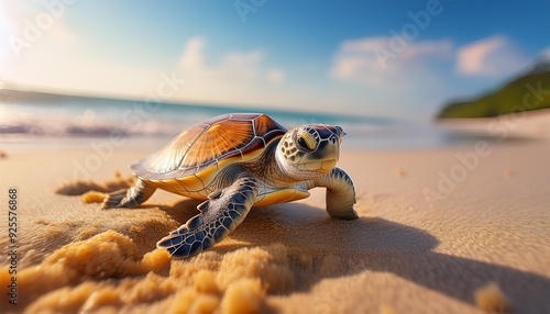 A baby turtle emerging from a sandy beach, its tiny flippers pushing against the golden grai photo