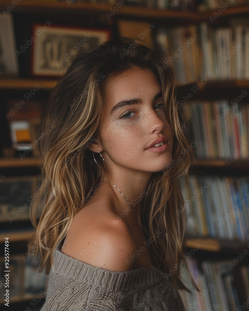 A woman with long brown hair looks over her shoulder. AI. A woman with long brown hair looks over her shoulder. AI.