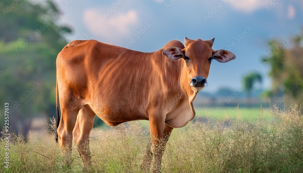 A portrait of a large, gentle brown cow with soulful eyes, standing in a meadow. The distant A portrait of a large, gentle brown cow with soulful eyes, standing in a meadow. The distant