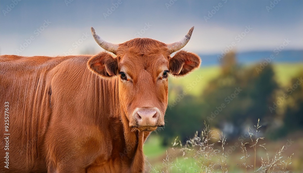 A portrait of a large, gentle brown cow with soulful eyes, standing in a meadow. The distant A portrait of a large, gentle brown cow with soulful eyes, standing in a meadow. The distant