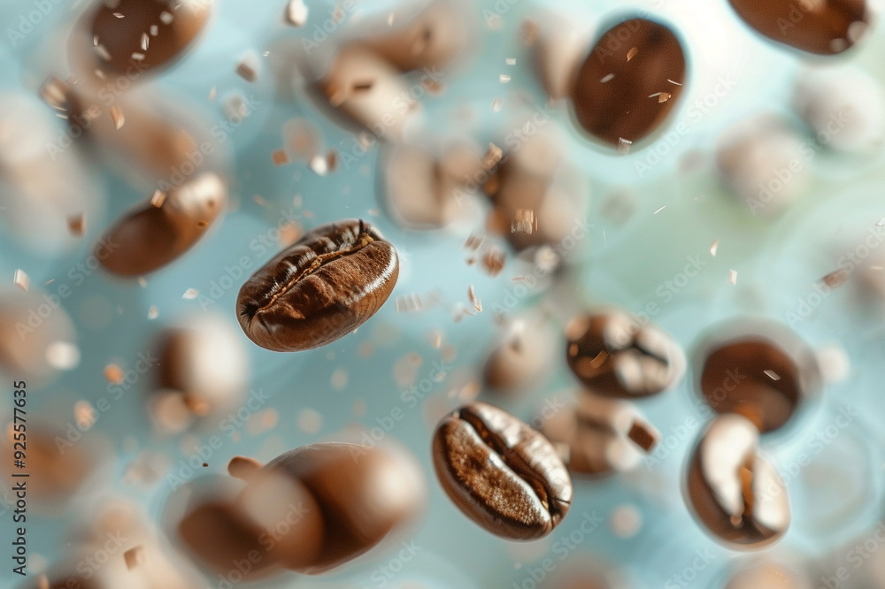 Dynamic freshly ground coffee beans in the air. Ads banner for advertising gourmet beverages Dynamic freshly ground coffee beans in the air. Ads banner for advertising gourmet beverages