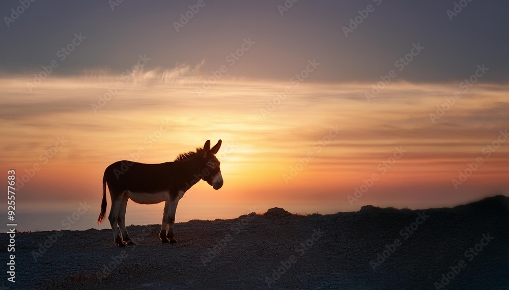 A silhouette of a donkey at sunset, with the animal's outline sharply defined against a soft A silhouette of a donkey at sunset, with the animal's outline sharply defined against a soft