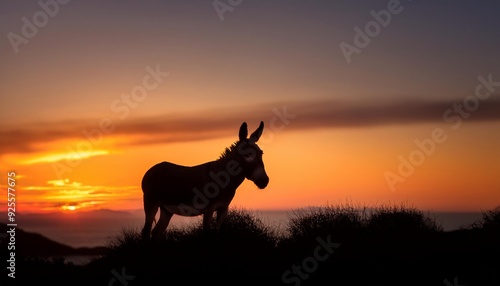  A silhouette of a donkey at sunset, with the animal's outline sharply defined against a soft 