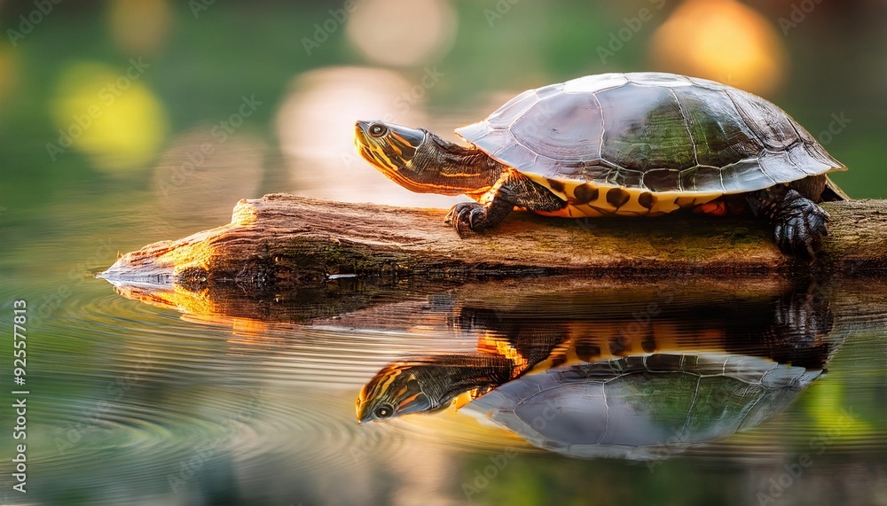 Obraz premium A turtle resting on a smooth log in a tranquil pond, its reflection mirrored perfectly in th