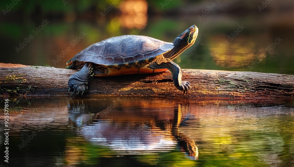 Fototapeta premium A turtle resting on a smooth log in a tranquil pond, its reflection mirrored perfectly in th