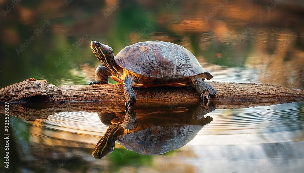 Obraz premium A turtle resting on a smooth log in a tranquil pond, its reflection mirrored perfectly in th 