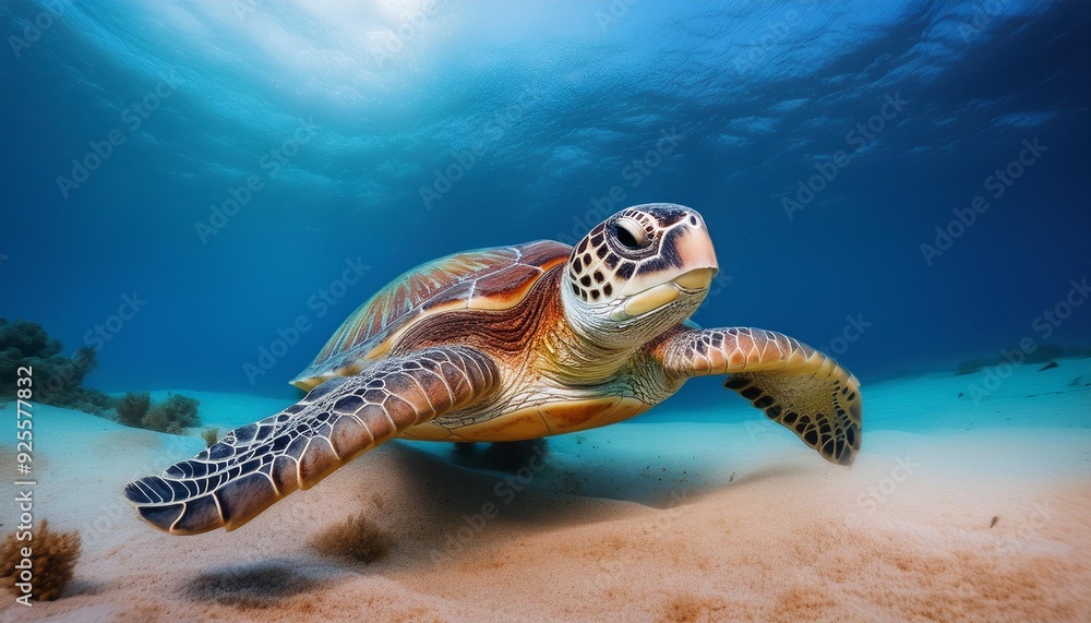 Obraz premium A turtle swimming close to the ocean floor, its flippers gently stirring up sand, with the b