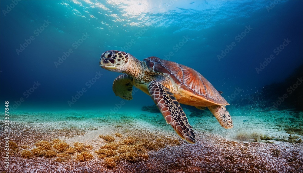 Obraz premium A turtle swimming close to the ocean floor, its flippers gently stirring up sand, with the b