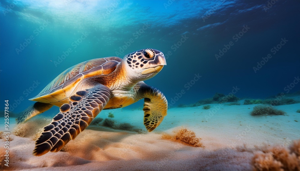 Obraz premium A turtle swimming close to the ocean floor, its flippers gently stirring up sand, with the b