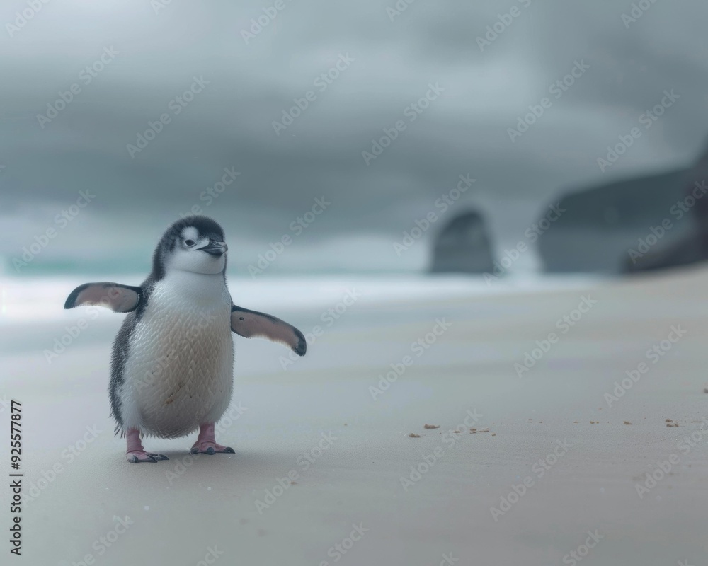 Fototapeta premium A small penguin stands on a sandy beach. AI.