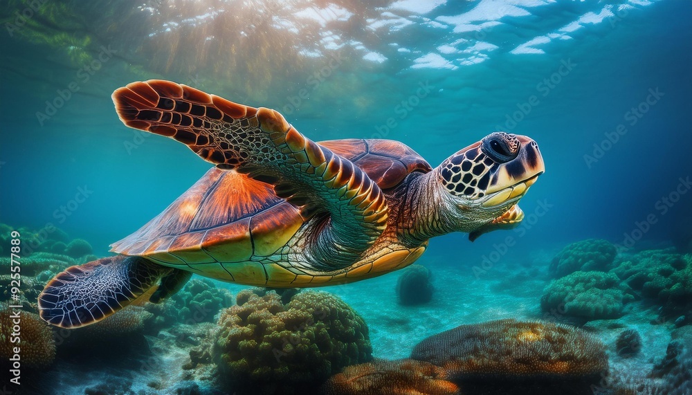 Side view of a majestic sea turtle gliding through the open ocean, its flippers outstretched Side view of a majestic sea turtle gliding through the open ocean, its flippers outstretched