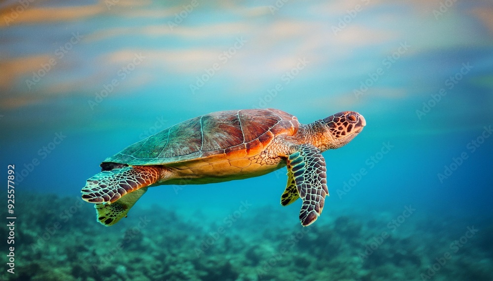 Fototapeta premium Side view of a majestic sea turtle gliding through the open ocean, its flippers outstretched 