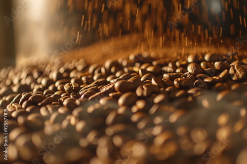 Dynamic Close-Up of Roasted Coffee Beans in Motion, Highlighting Freshness, Aroma, and the Perfect Essence of Coffee Brewing photo