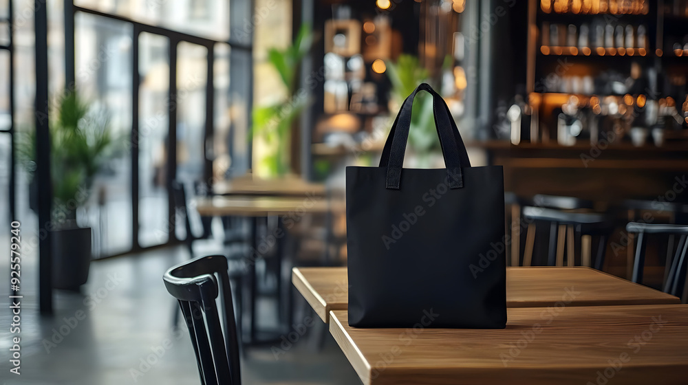 A black bag on a wooden table in a cozy café setting. A black bag on a wooden table in a cozy café setting.