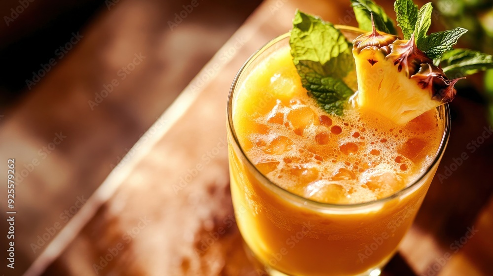 A vibrant tropical drink with mint and pineapple, perfect for relaxing on a warm day. The light enhances its refreshing allure A vibrant tropical drink with mint and pineapple, perfect for relaxing on a warm day. The light enhances its refreshing allure