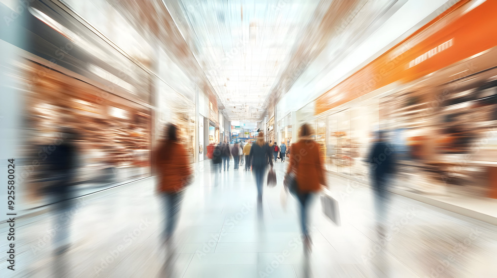 A blurred view of shoppers in a modern shopping mall.