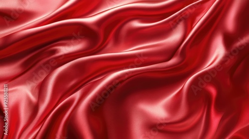 Red soft satin fabric waves background design. Texture with smooth flowing patterns and light shiny effect