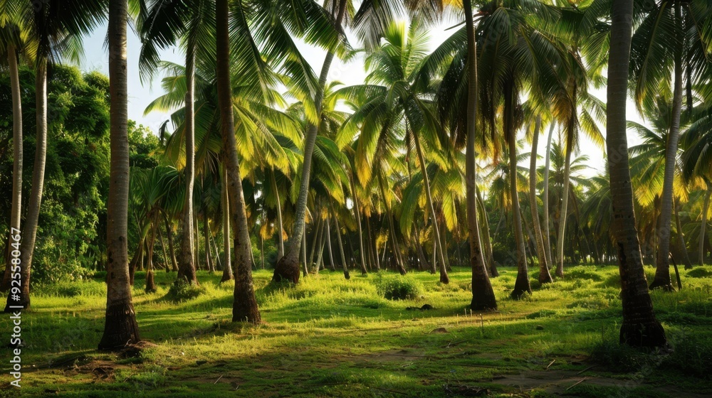 A coconut tree grove with tall palms swaying in the breeze, capturing the essence of tropical agriculture. A coconut tree grove with tall palms swaying in the breeze, capturing the essence of tropical agriculture.