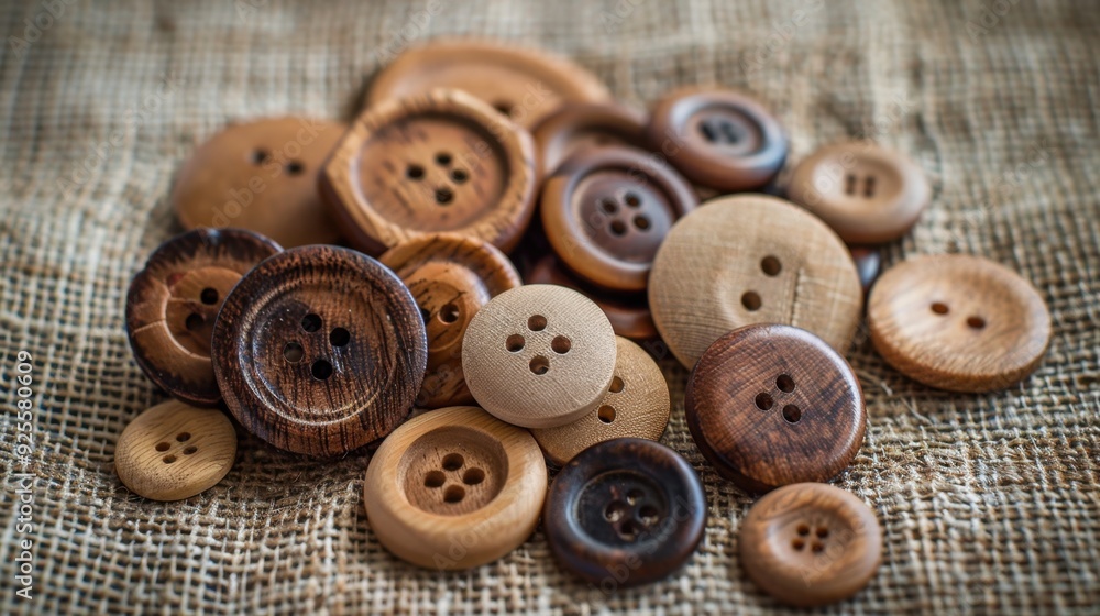 A collection of wooden buttons in natural tones, placed on rustic burlap fabric, emphasizing eco-friendly materials. A collection of wooden buttons in natural tones, placed on rustic burlap fabric, emphasizing eco-friendly materials.
