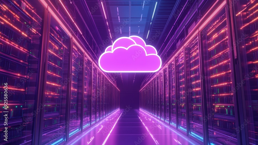 A futuristic data center with glowing servers and a central cloud icon, representing the backbone of cloud computing. A futuristic data center with glowing servers and a central cloud icon, representing the backbone of cloud computing.