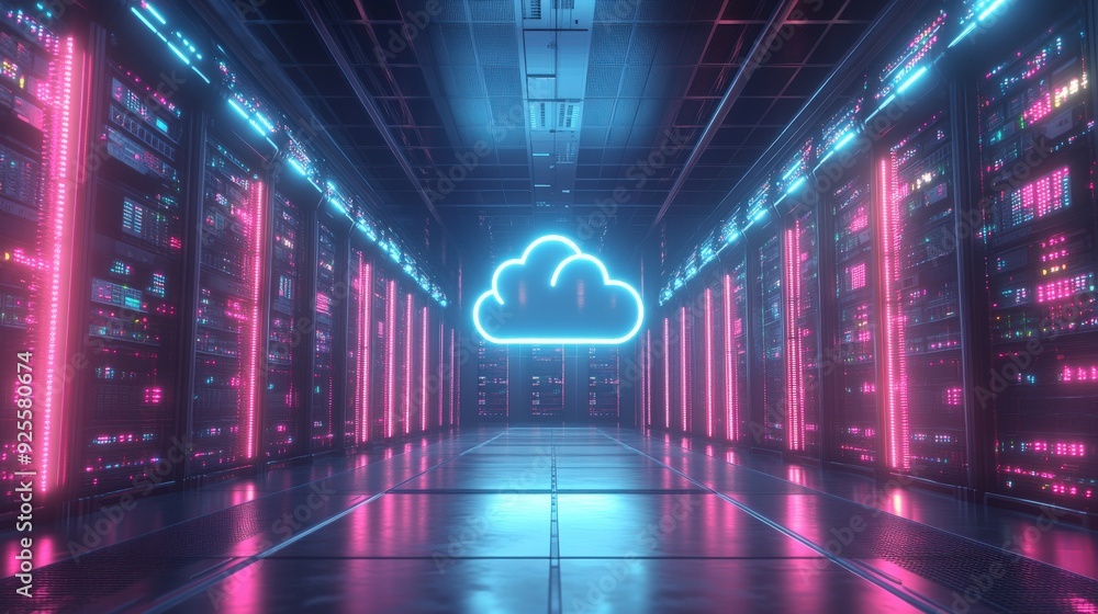 Fototapeta premium A futuristic data center with glowing servers and a central cloud icon, representing the backbone of cloud computing.