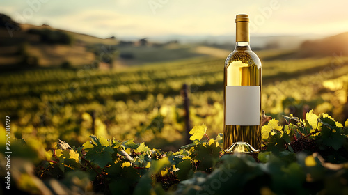 A bottle of white wine surrounded by lush vineyard scenery.