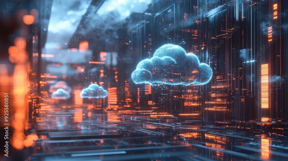 A futuristic data center with holographic cloud displays, symbolizing the advanced technology behind cloud computing. A futuristic data center with holographic cloud displays, symbolizing the advanced technology behind cloud computing.