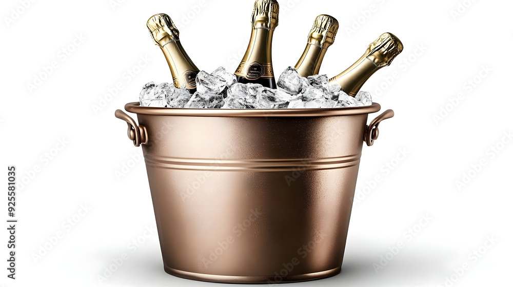 A bucket filled with ice and champagne bottles for celebration. A bucket filled with ice and champagne bottles for celebration.