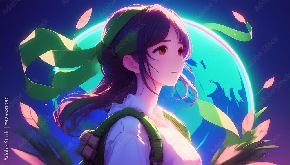 World Mental Health Day with Green Ribbon and cute girl in futuristic cute anime style World Mental Health Day with Green Ribbon and cute girl in futuristic cute anime style